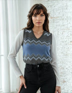 Classic Vintage V-neck Navy Gray Women Knitted vest - IVORYNN