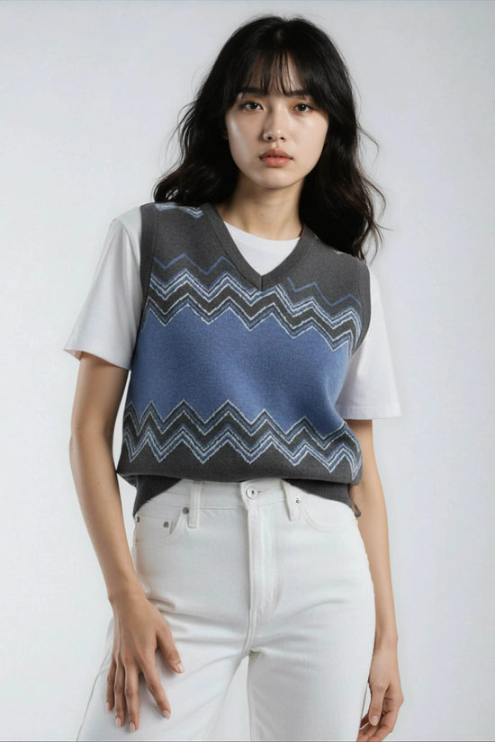 Classic Vintage V-neck Navy Gray Women Knitted vest - IVORYNN