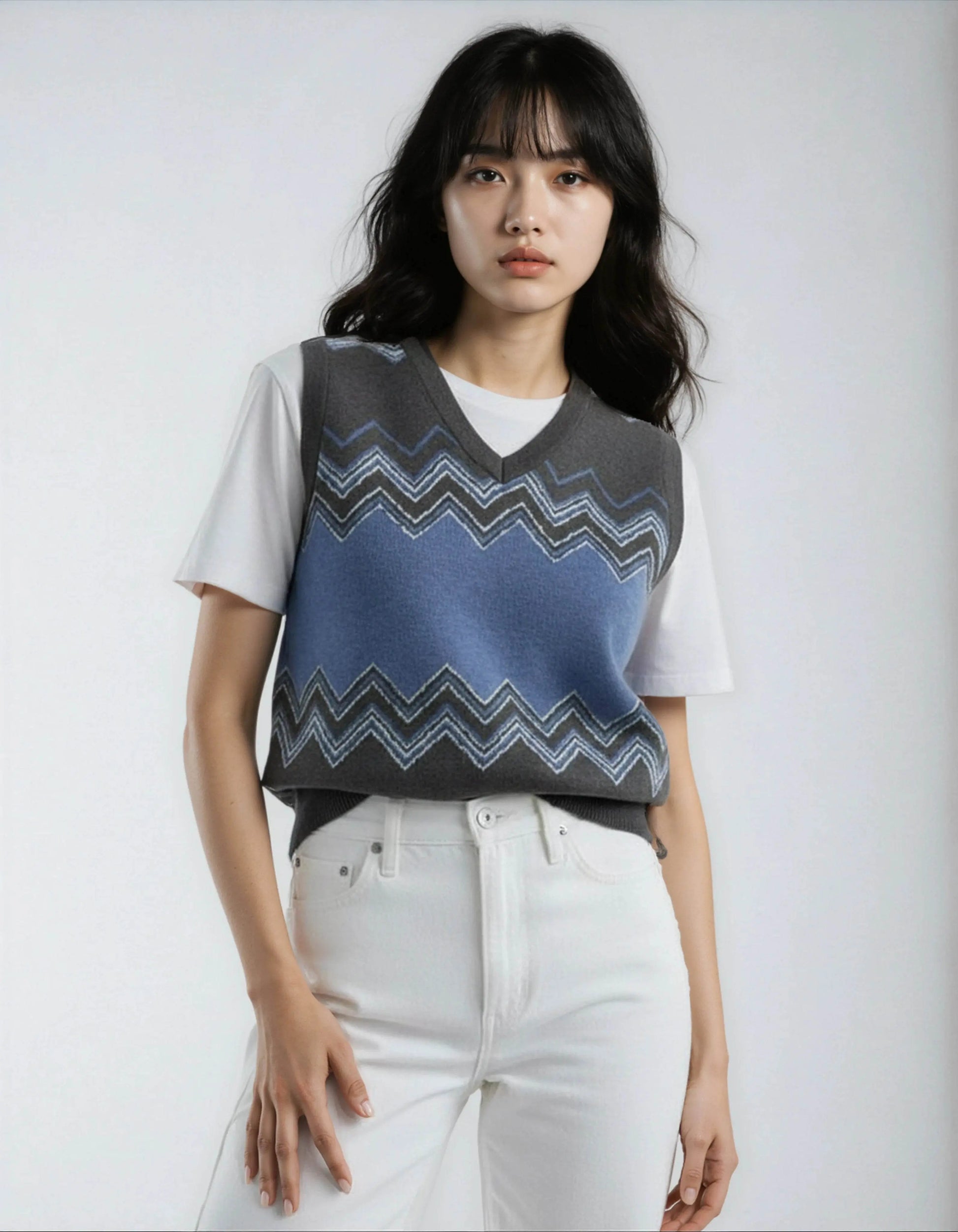 Classic Vintage V-neck Navy Gray Women Knitted vest - IVORYNN