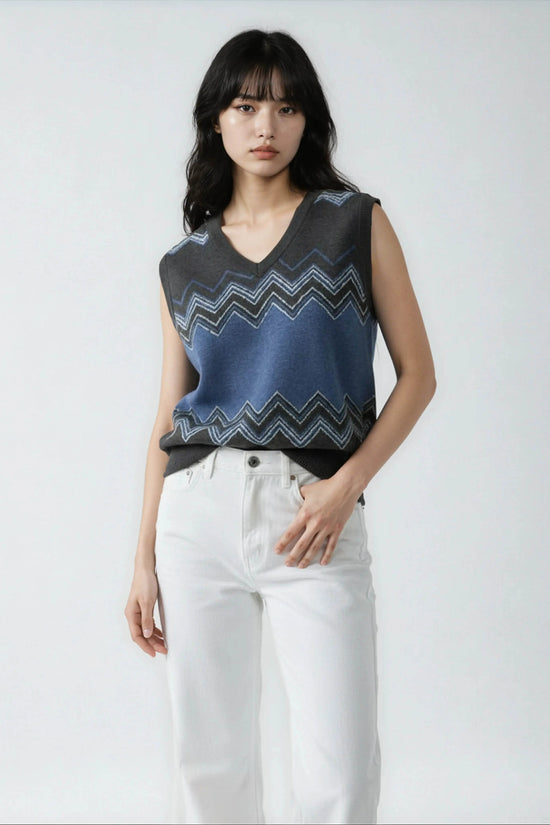 Classic Vintage V-neck Navy Gray Women Knitted vest - IVORYNN