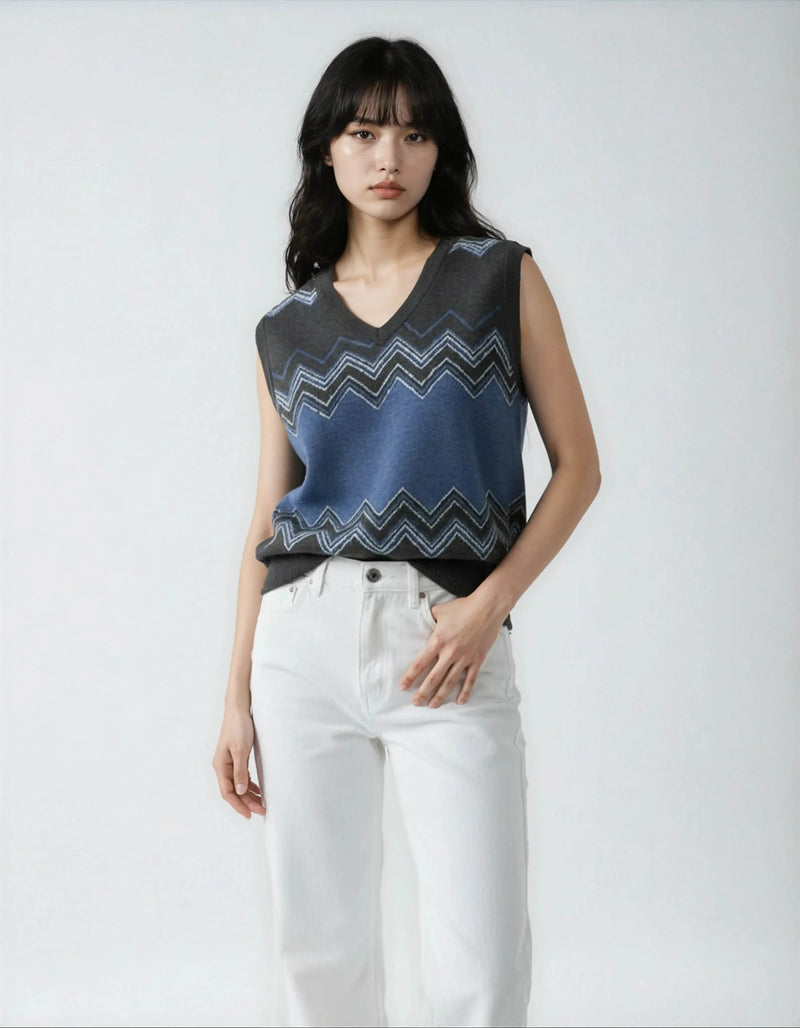 Classic Vintage V-neck Navy Gray Women Knitted vest - IVORYNN