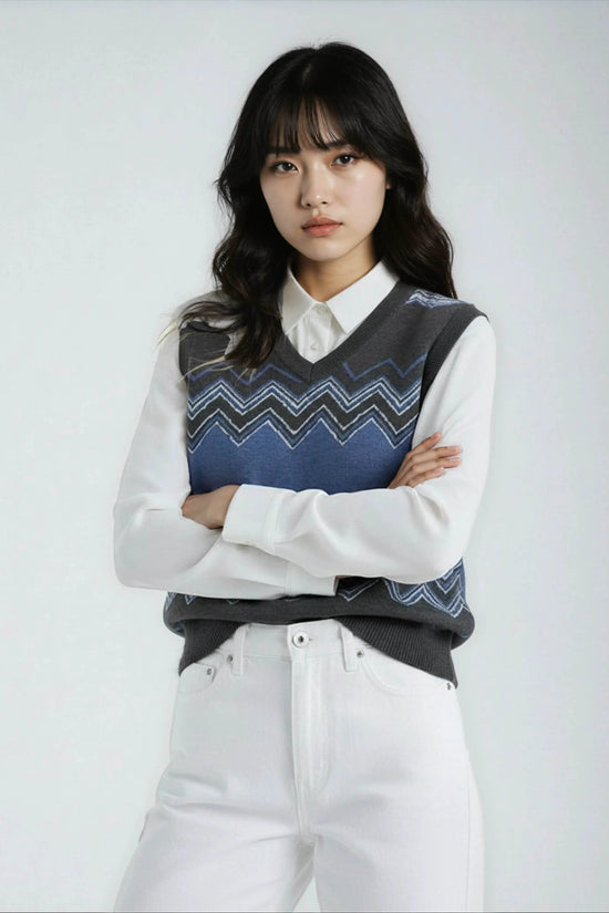 Classic Vintage V-neck Navy Gray Women Knitted vest - IVORYNN