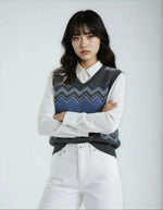 Classic Vintage V-neck Navy Gray Women Knitted vest - IVORYNN