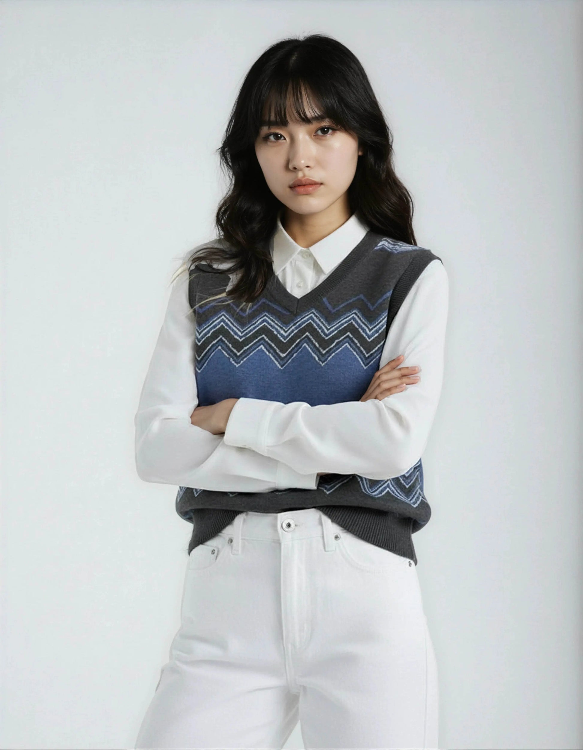 Classic Vintage V-neck Navy Gray Women Knitted vest - IVORYNN