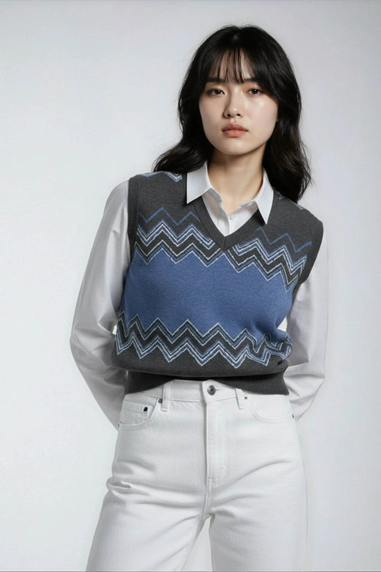 Classic Vintage V-neck Navy Gray Women Knitted vest - IVORYNN