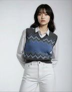 Classic Vintage V-neck Navy Gray Women Knitted vest - IVORYNN