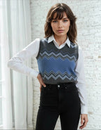 Classic Vintage V-neck Navy Gray Women Knitted vest - IVORYNN
