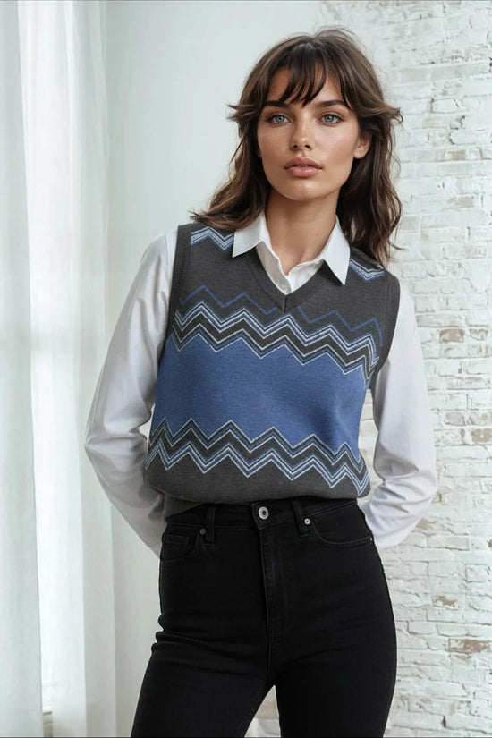 Classic Vintage V-neck Navy Gray Women Knitted vest - IVORYNN