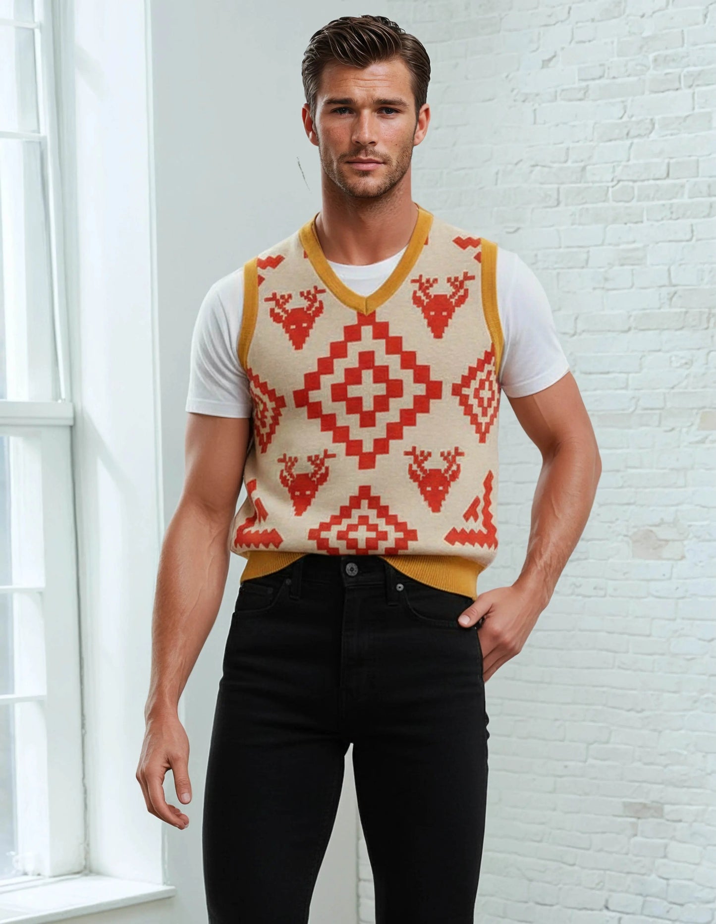 Classic Vintage V-neck Orange Men Knitted vest - IVORYNN
