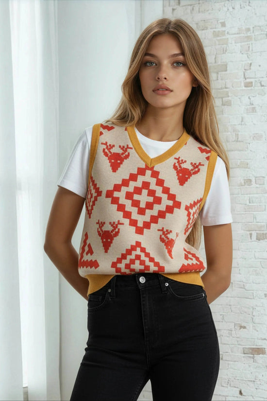 Classic Vintage V-neck Orange Women Knitted vest - IVORYNN