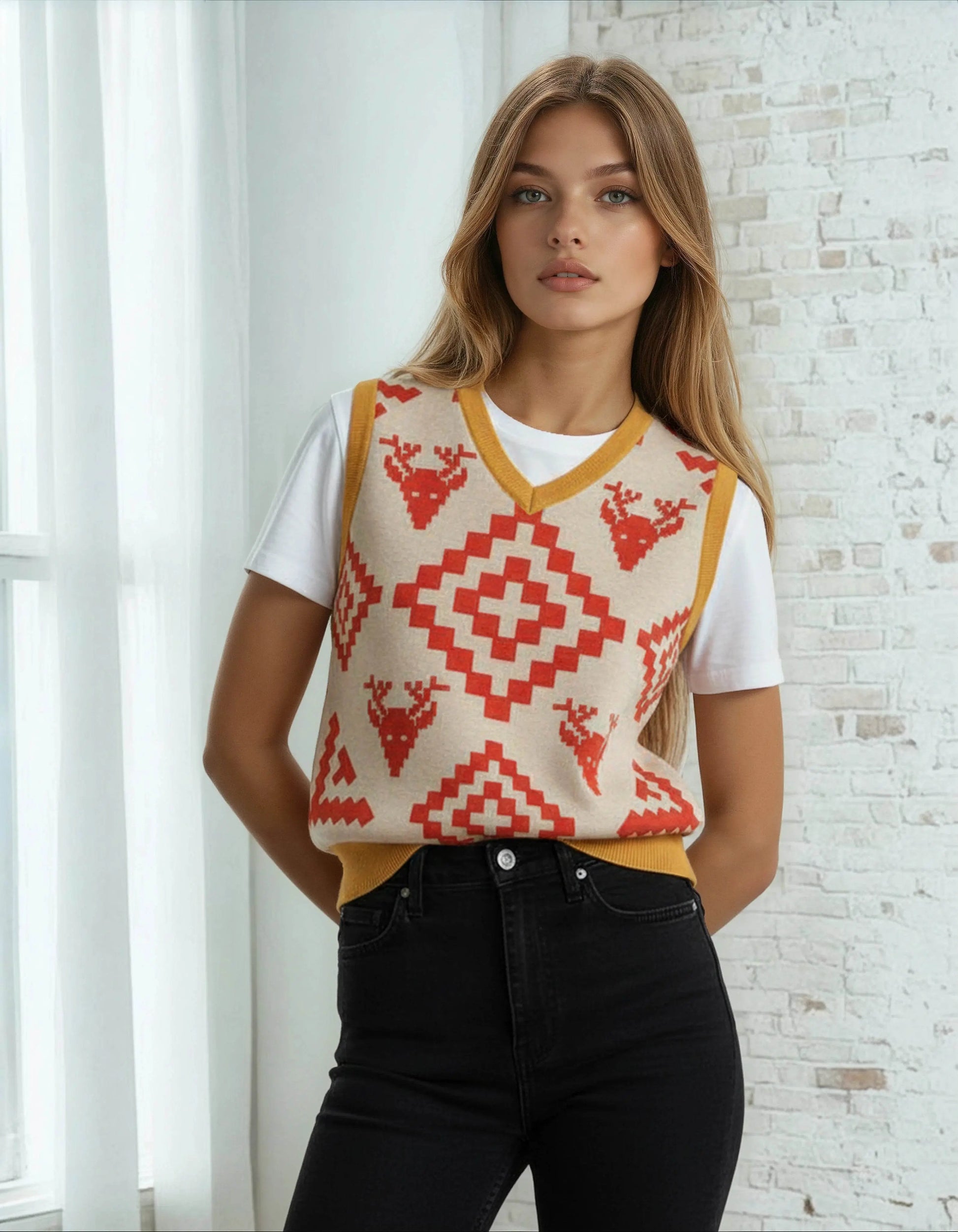 Classic Vintage V-neck Orange Women Knitted vest - IVORYNN