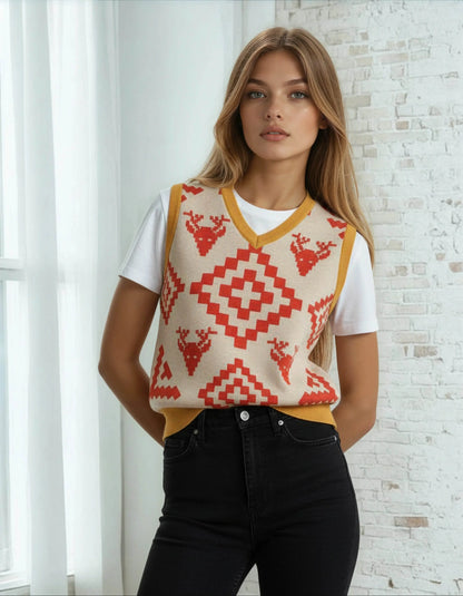Classic Vintage V-neck Orange Women Knitted vest - IVORYNN
