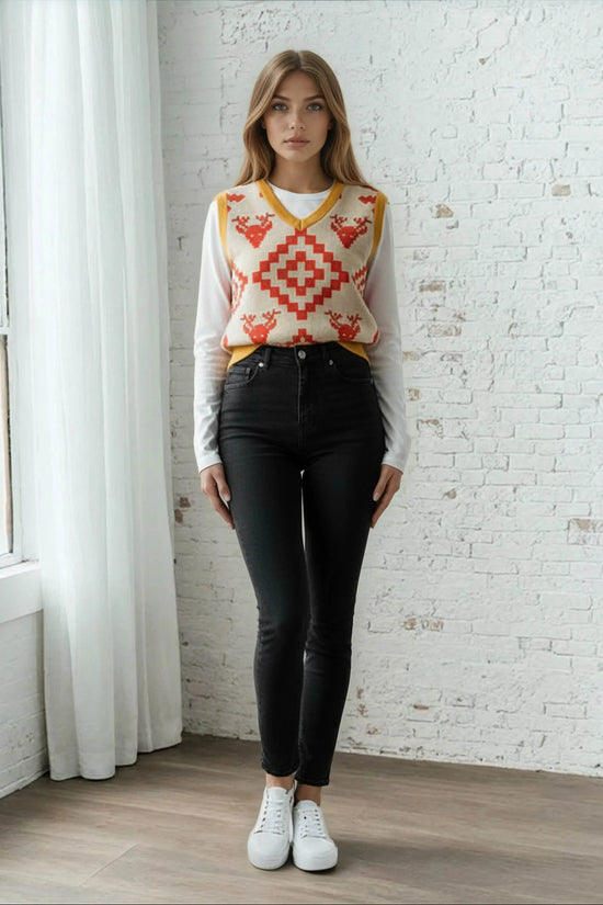 Classic Vintage V-neck Orange Women Knitted vest - IVORYNN