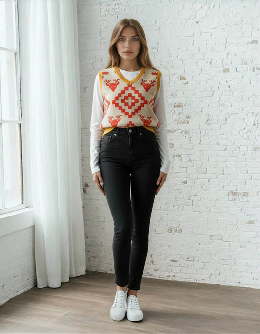 Classic Vintage V-neck Orange Women Knitted vest