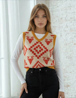 Classic Vintage V-neck Orange Women Knitted vest - IVORYNN