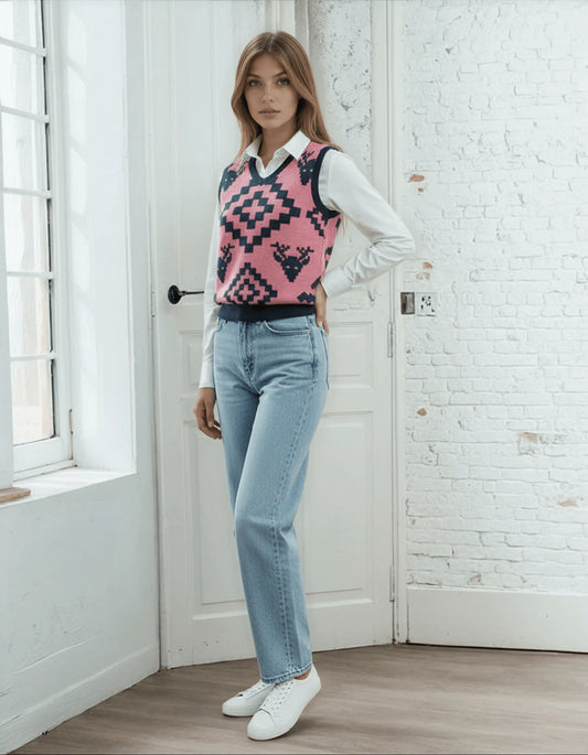 Classic Vintage V-neck Pink Knitted vest