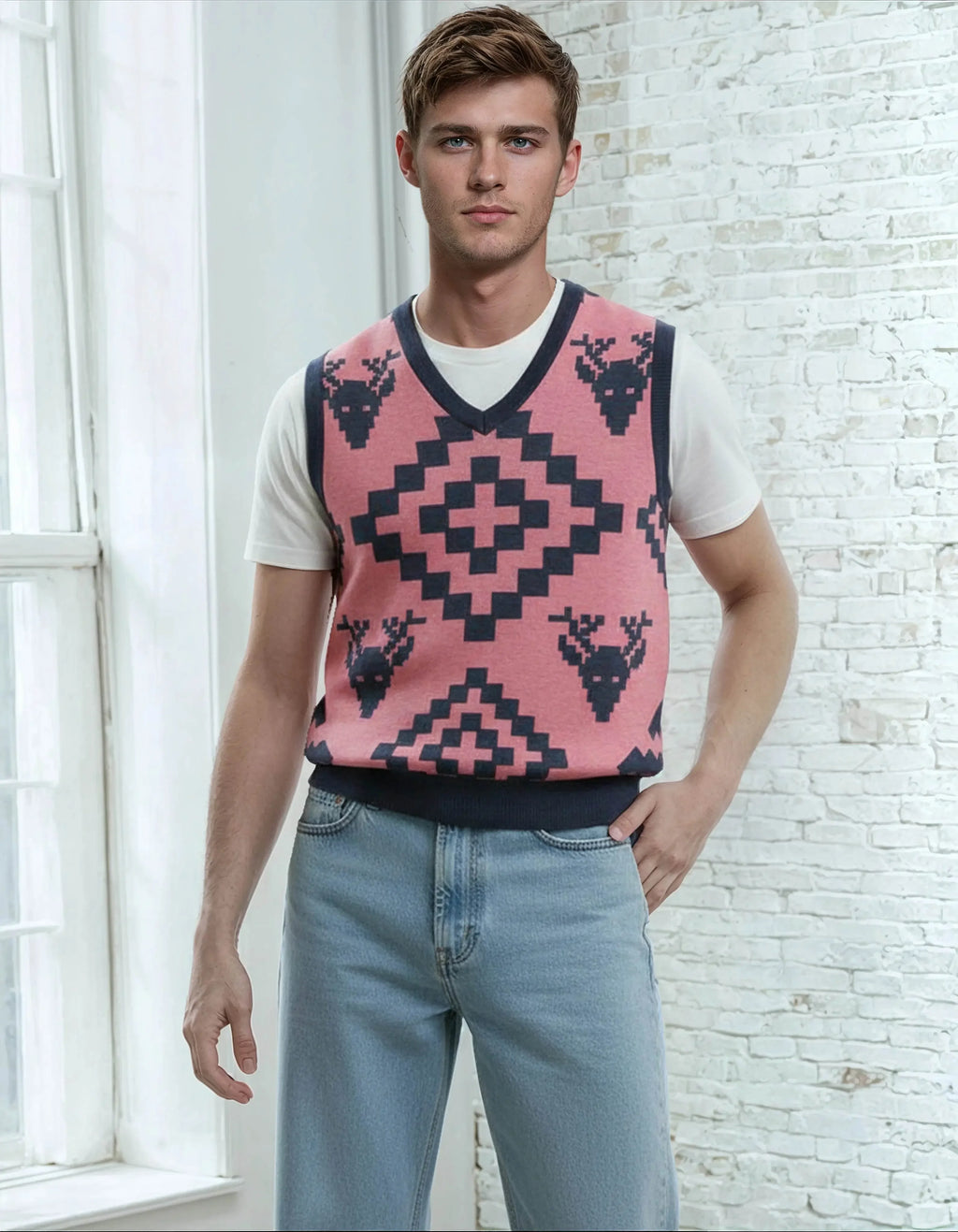 Classic Vintage V-neck Pink Men Knitted vest - IVORYNN