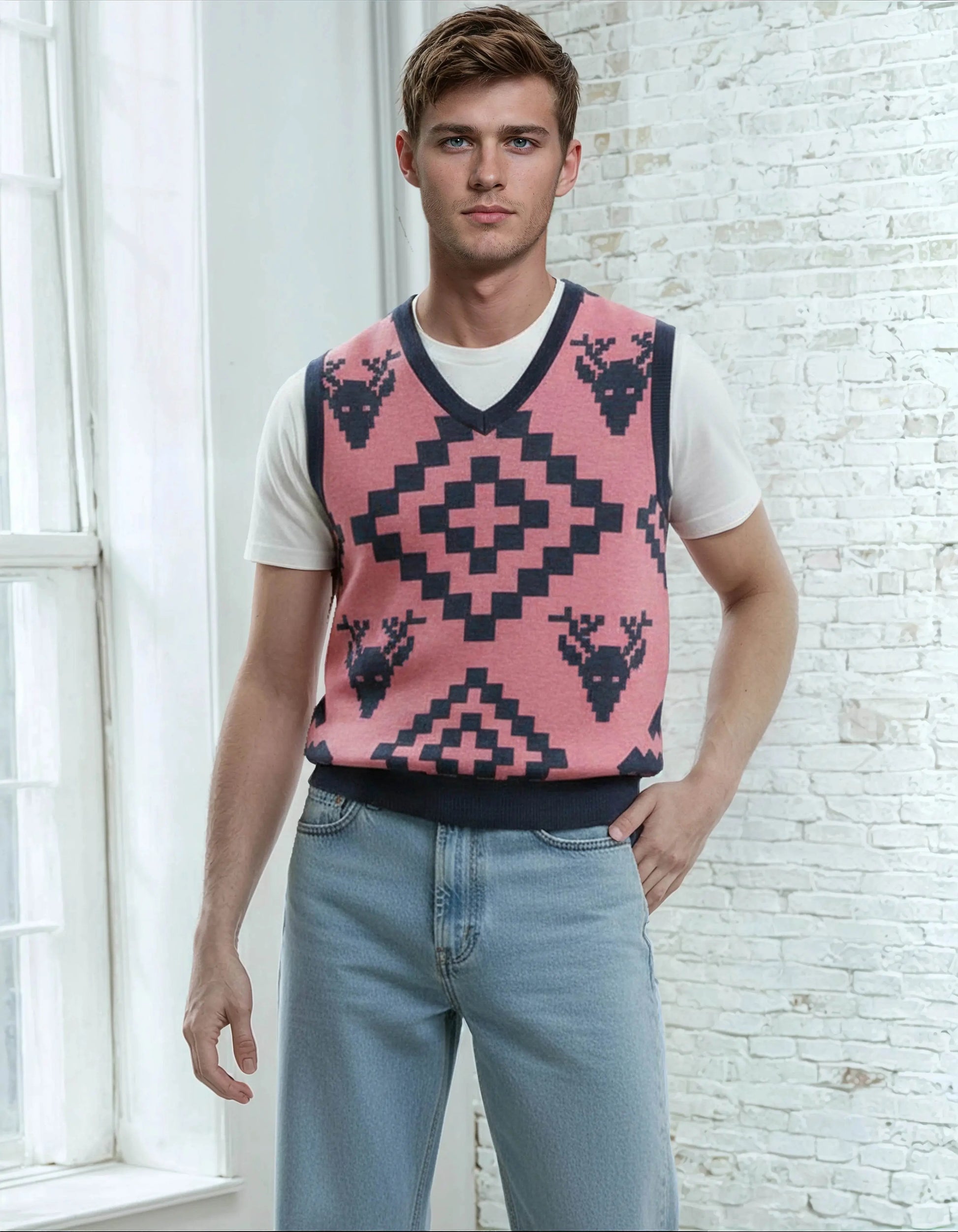 Classic Vintage V-neck Pink Men Knitted vest - IVORYNN