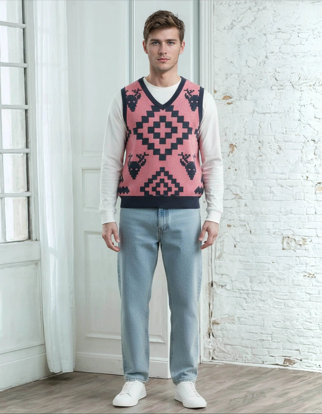 Classic Vintage V-neck Pink Men Knitted vest - IVORYNN