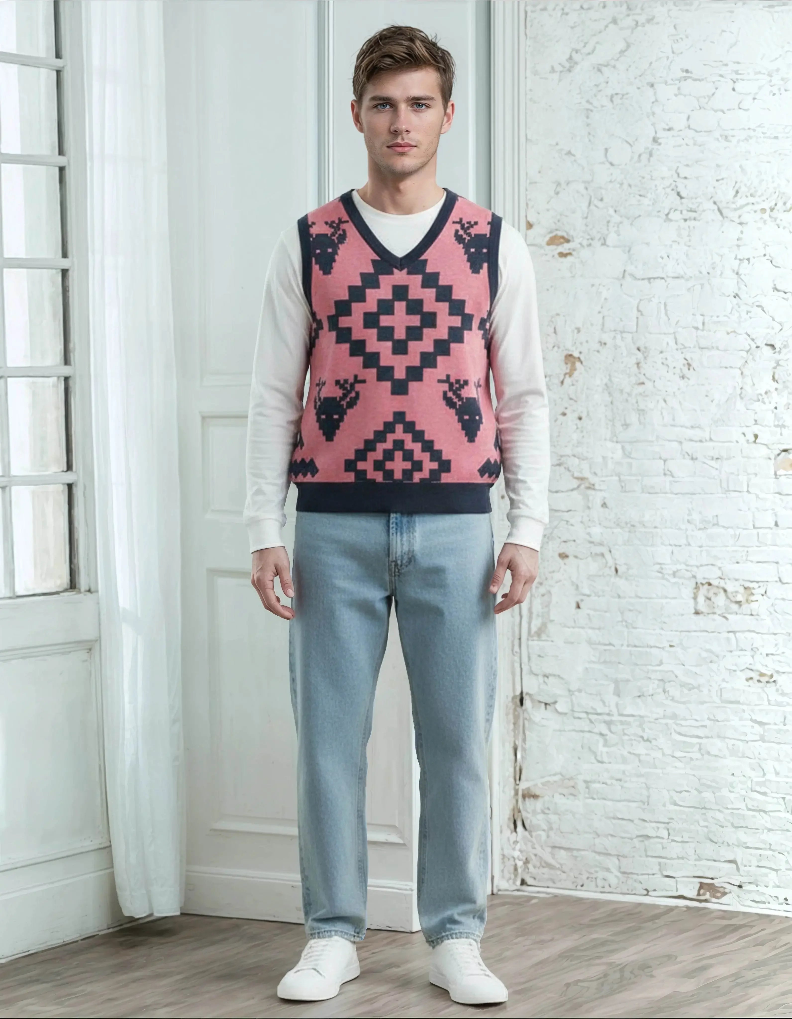 Classic Vintage V-neck Pink Men Knitted vest - IVORYNN