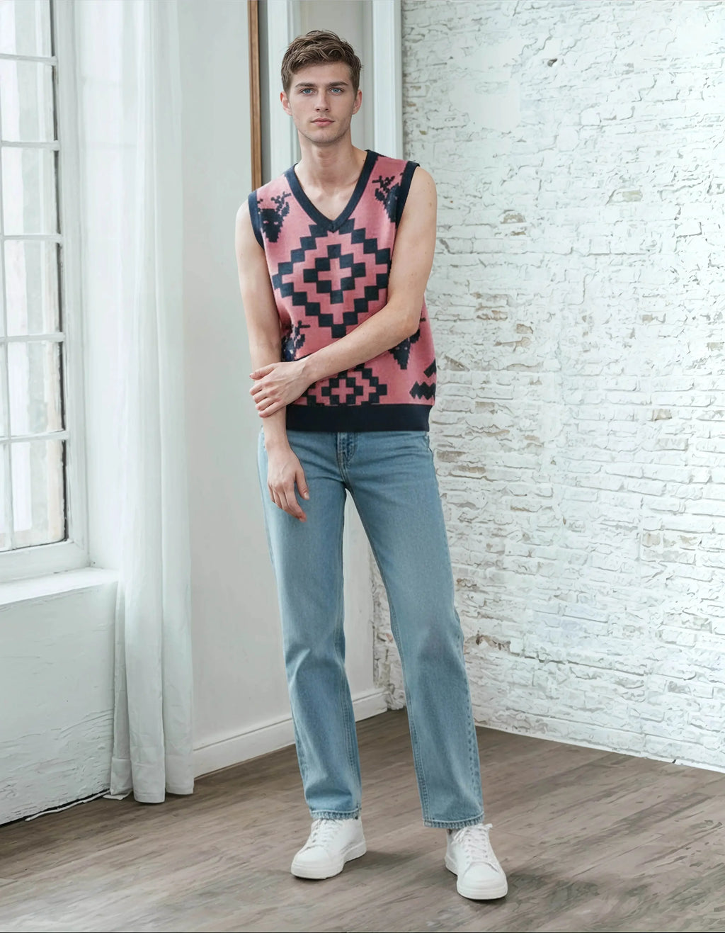 Classic Vintage V-neck Pink Men Knitted vest - IVORYNN