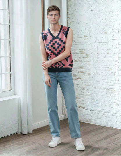 Classic Vintage V-neck Pink Men Knitted vest - IVORYNN