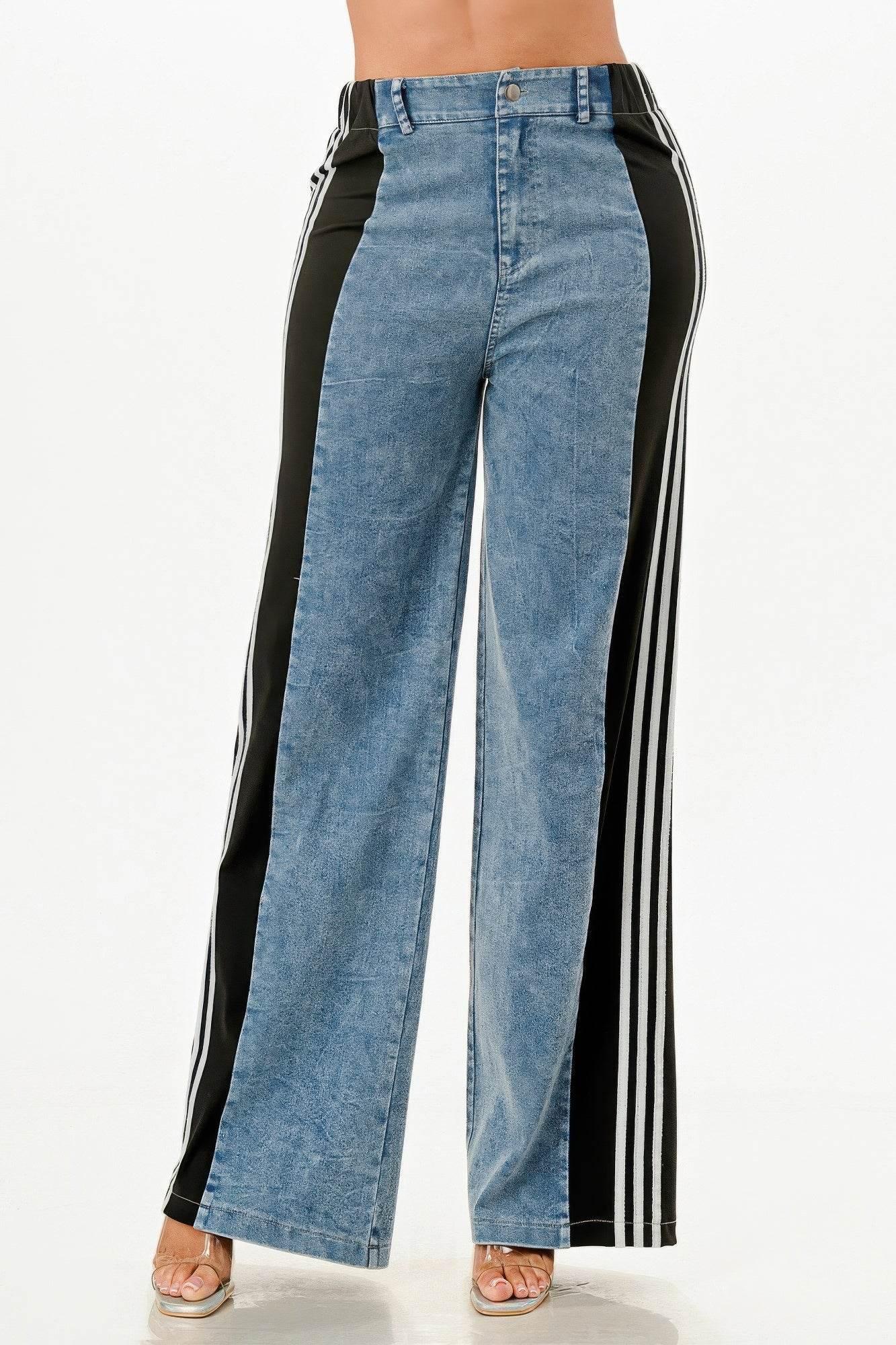 Clean Line Wide Leg Slate Gray Jeans With Stripe Detail - IVORYNN