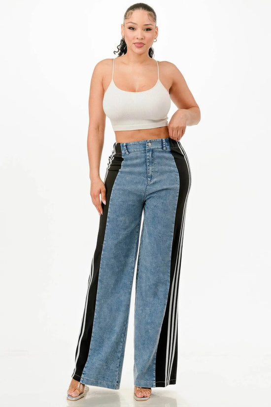 Clean Line Wide Leg Slate Gray Jeans With Stripe Detail - IVORYNN