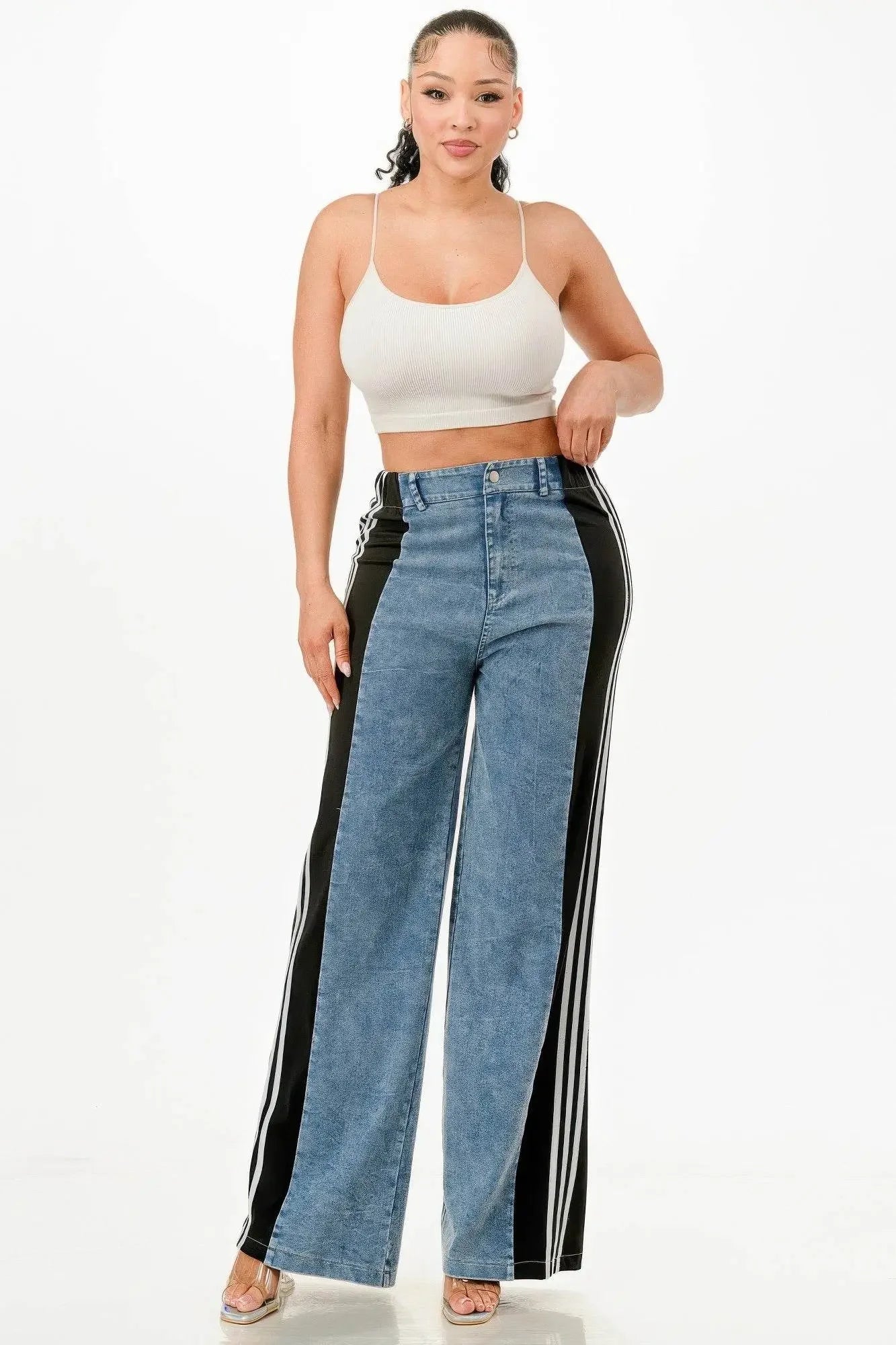 Clean Line Wide Leg Slate Gray Jeans With Stripe Detail - IVORYNN