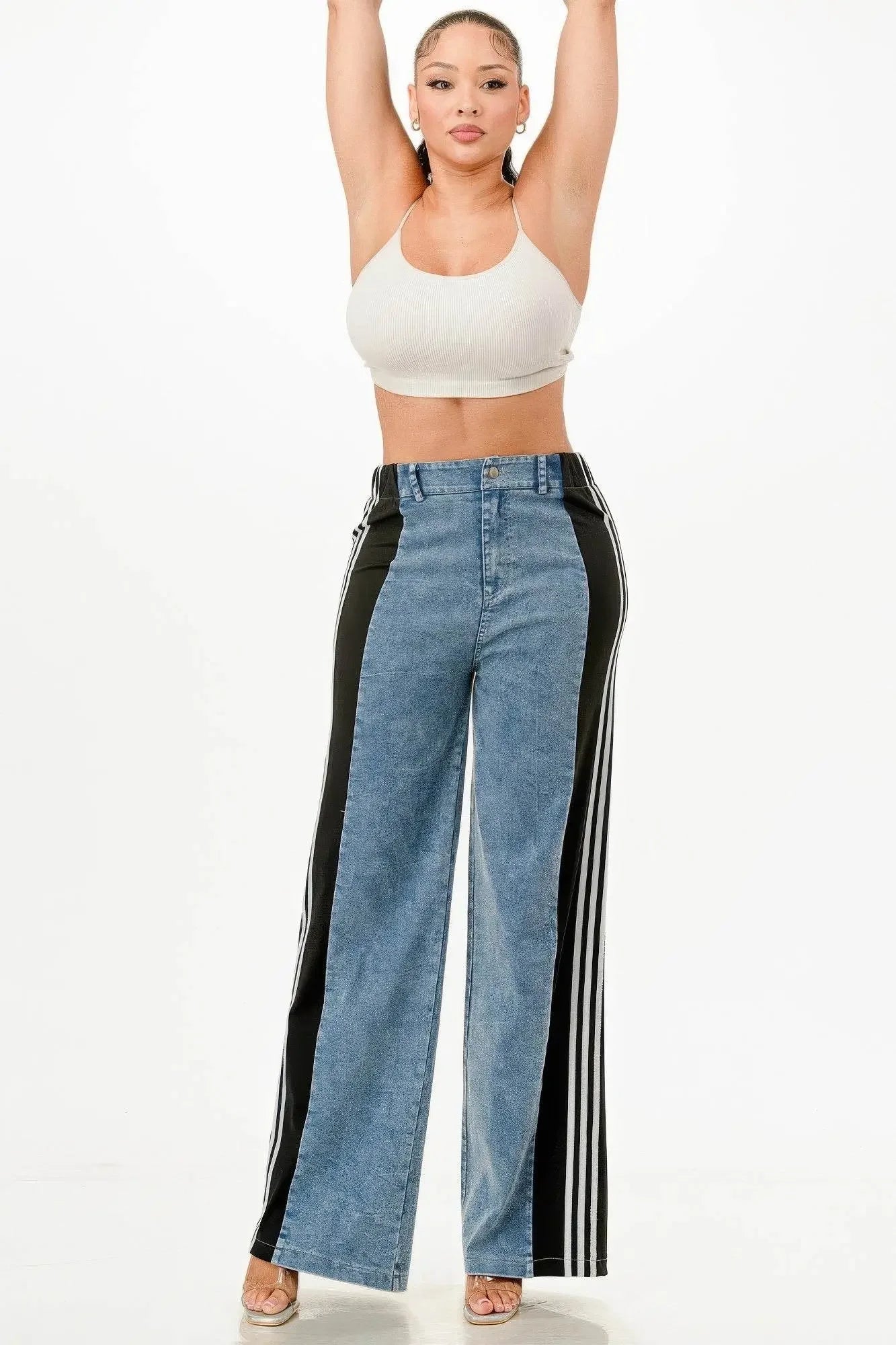 Clean Line Wide Leg Slate Gray Jeans With Stripe Detail - IVORYNN