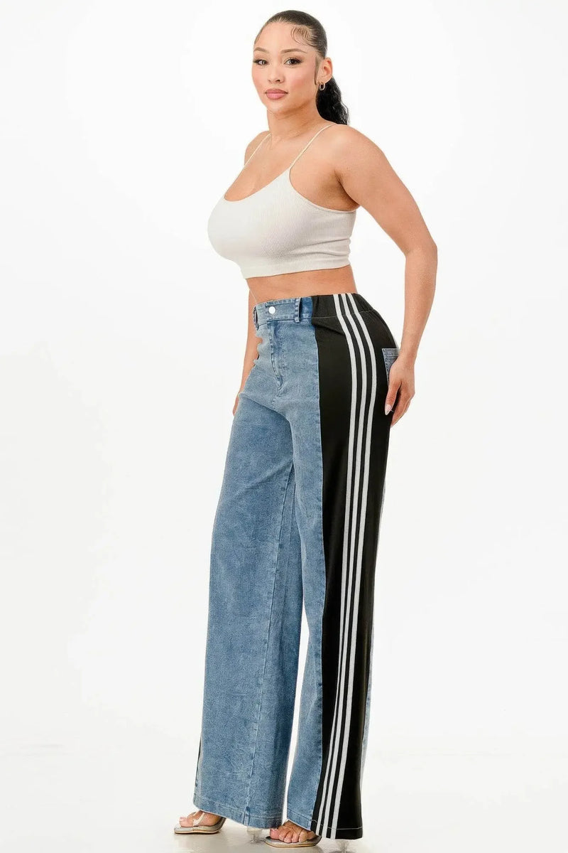 Clean Line Wide Leg Slate Gray Jeans With Stripe Detail - IVORYNN
