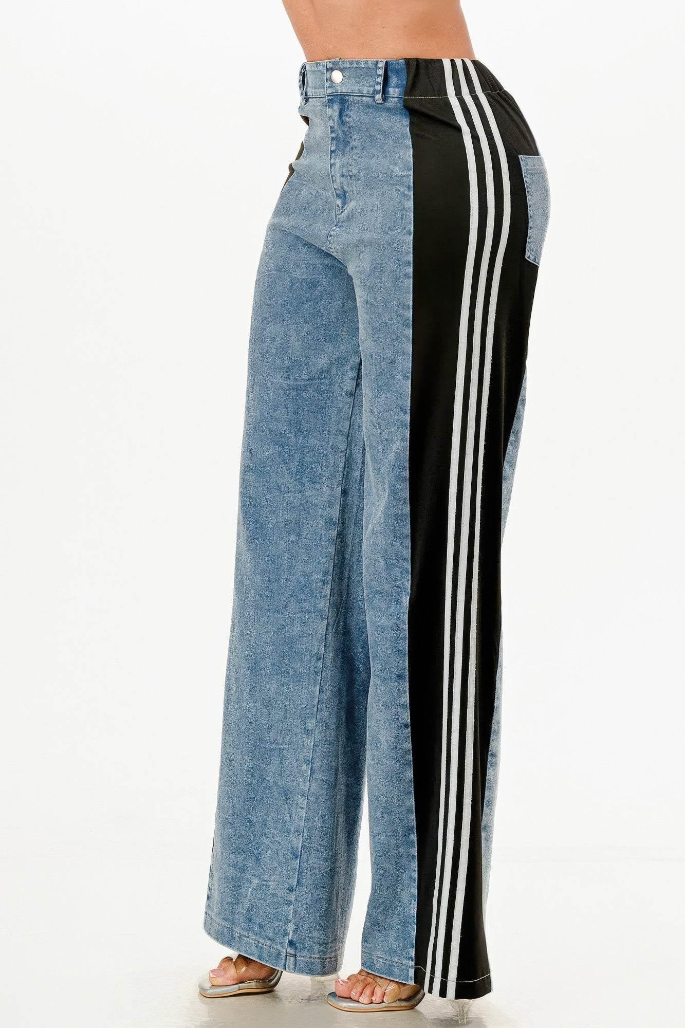 Clean Line Wide Leg Slate Gray Jeans With Stripe Detail - IVORYNN