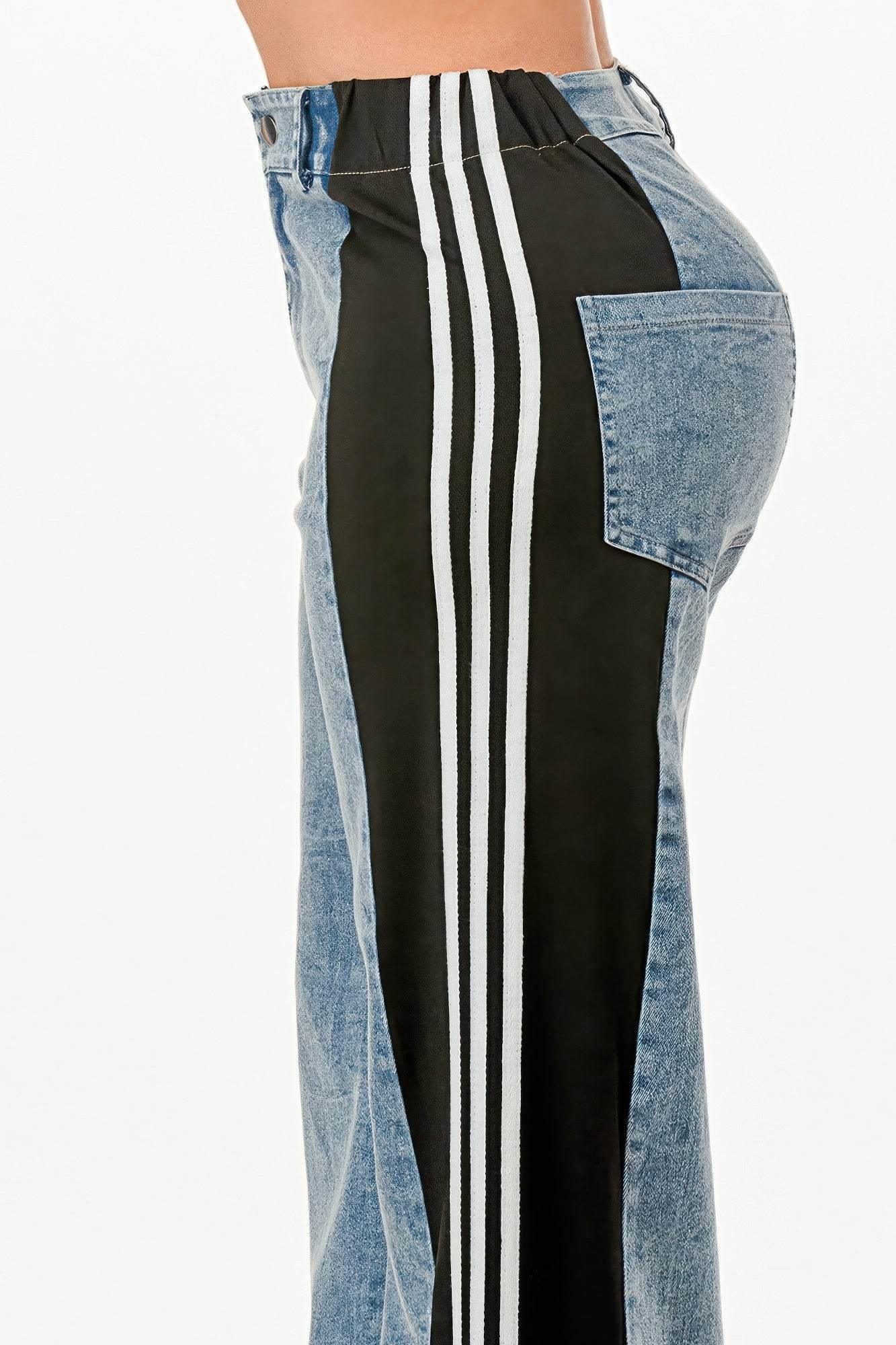 Clean Line Wide Leg Slate Gray Jeans With Stripe Detail - IVORYNN