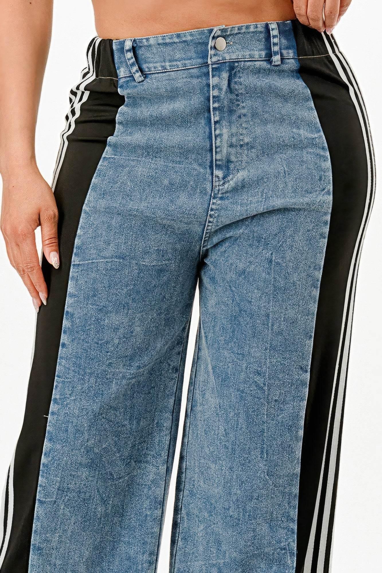 Clean Line Wide Leg Slate Gray Jeans With Stripe Detail - IVORYNN