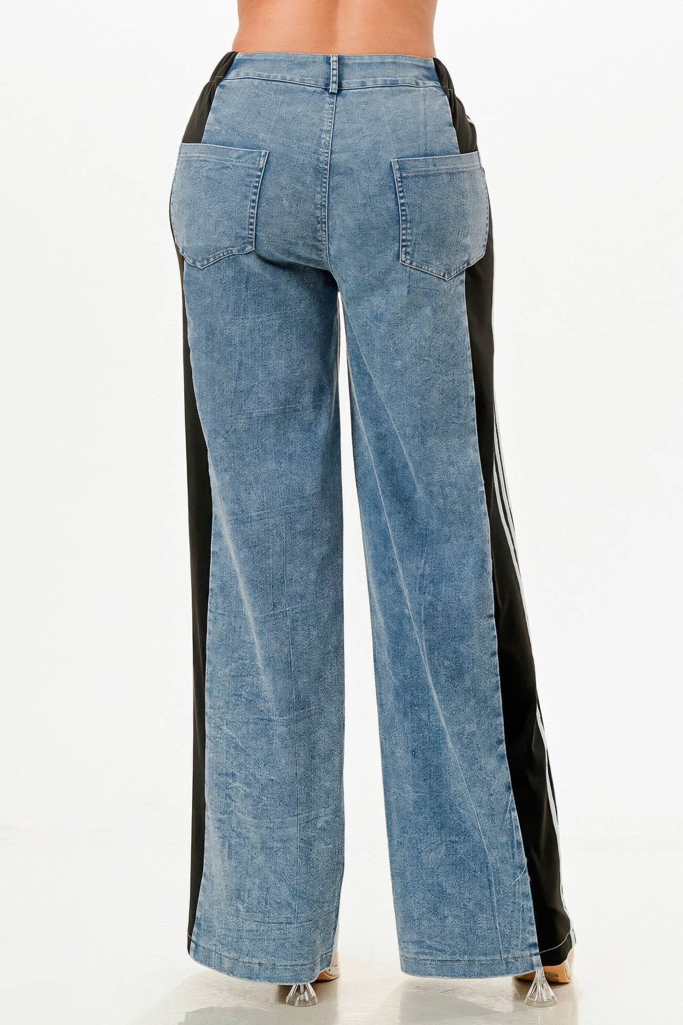 Clean Line Wide Leg Slate Gray Jeans With Stripe Detail - IVORYNN