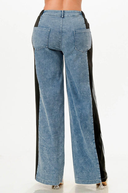 Clean Line Wide Leg Slate Gray Jeans With Stripe Detail - IVORYNN