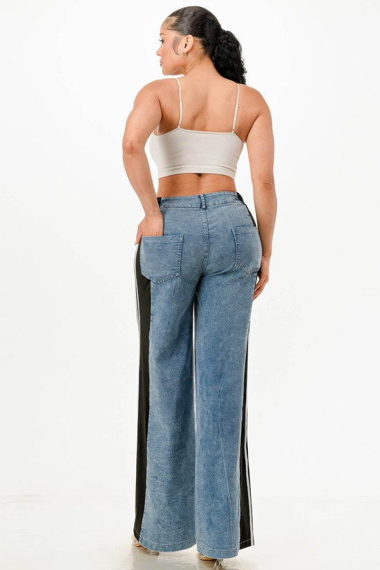 Clean Line Wide Leg Slate Gray Jeans With Stripe Detail - IVORYNN