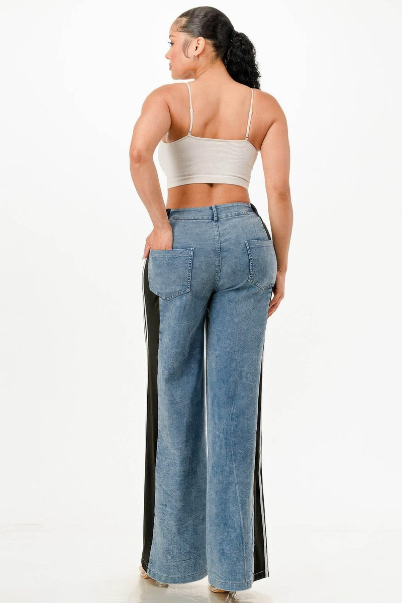Clean Line Wide Leg Slate Gray Jeans With Stripe Detail - IVORYNN