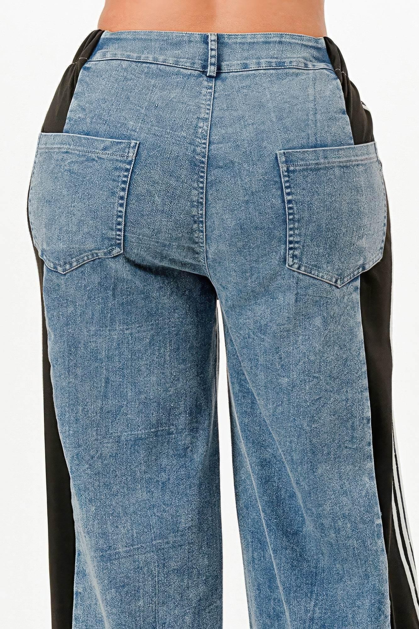 Clean Line Wide Leg Slate Gray Jeans With Stripe Detail - IVORYNN
