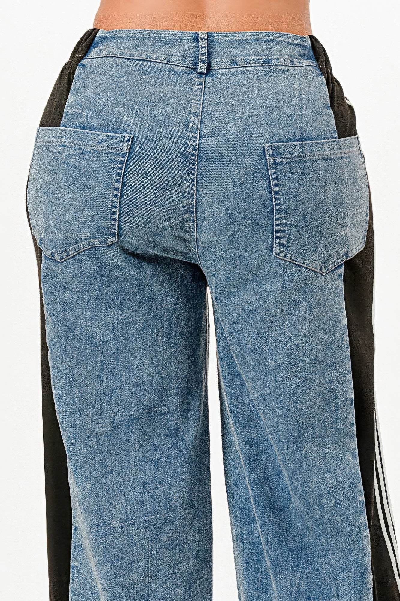Clean Line Wide Leg Slate Gray Jeans With Stripe Detail - IVORYNN