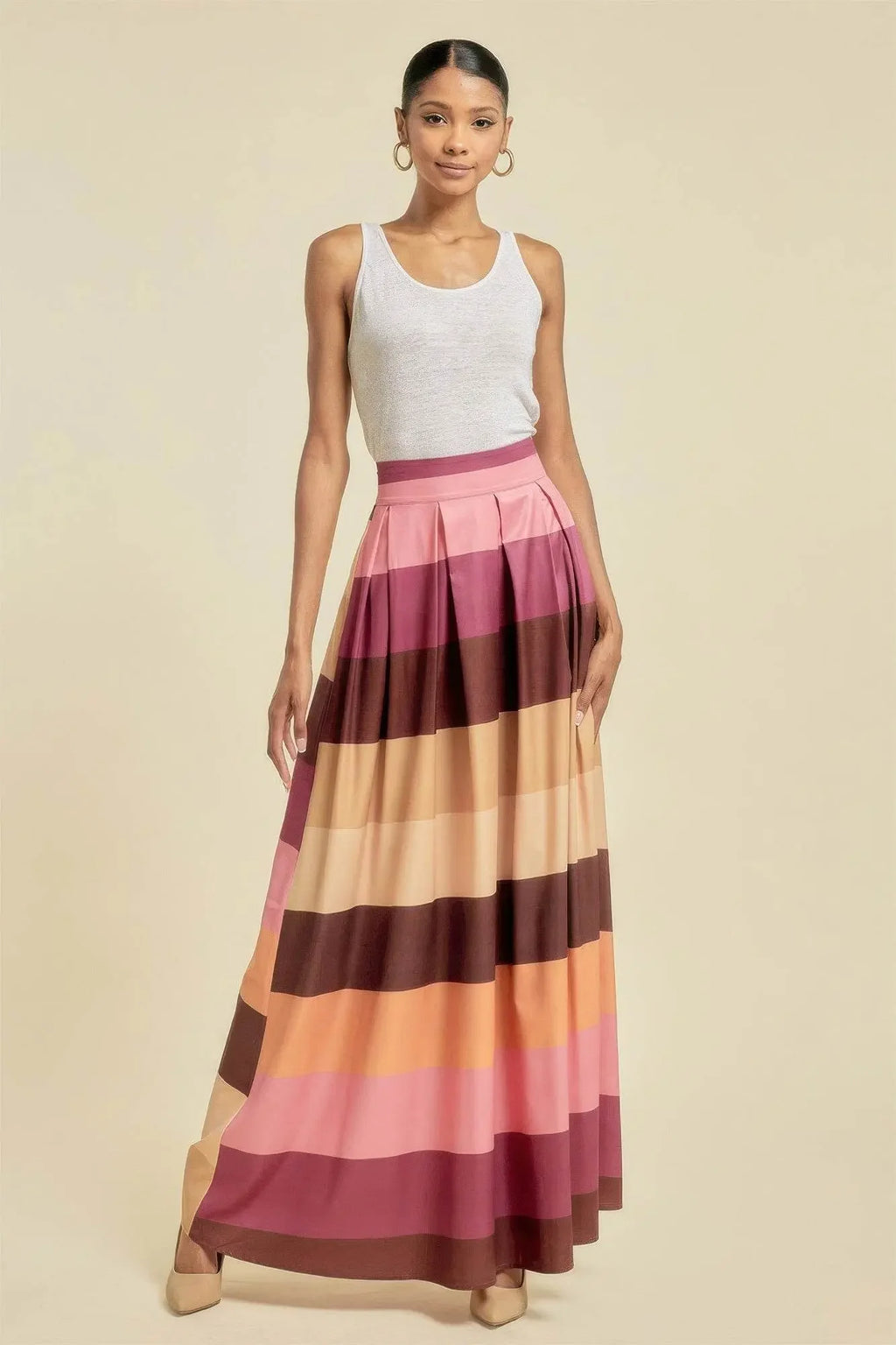 Color Block Maxi Long Skirt With Pockets - IVORYNN