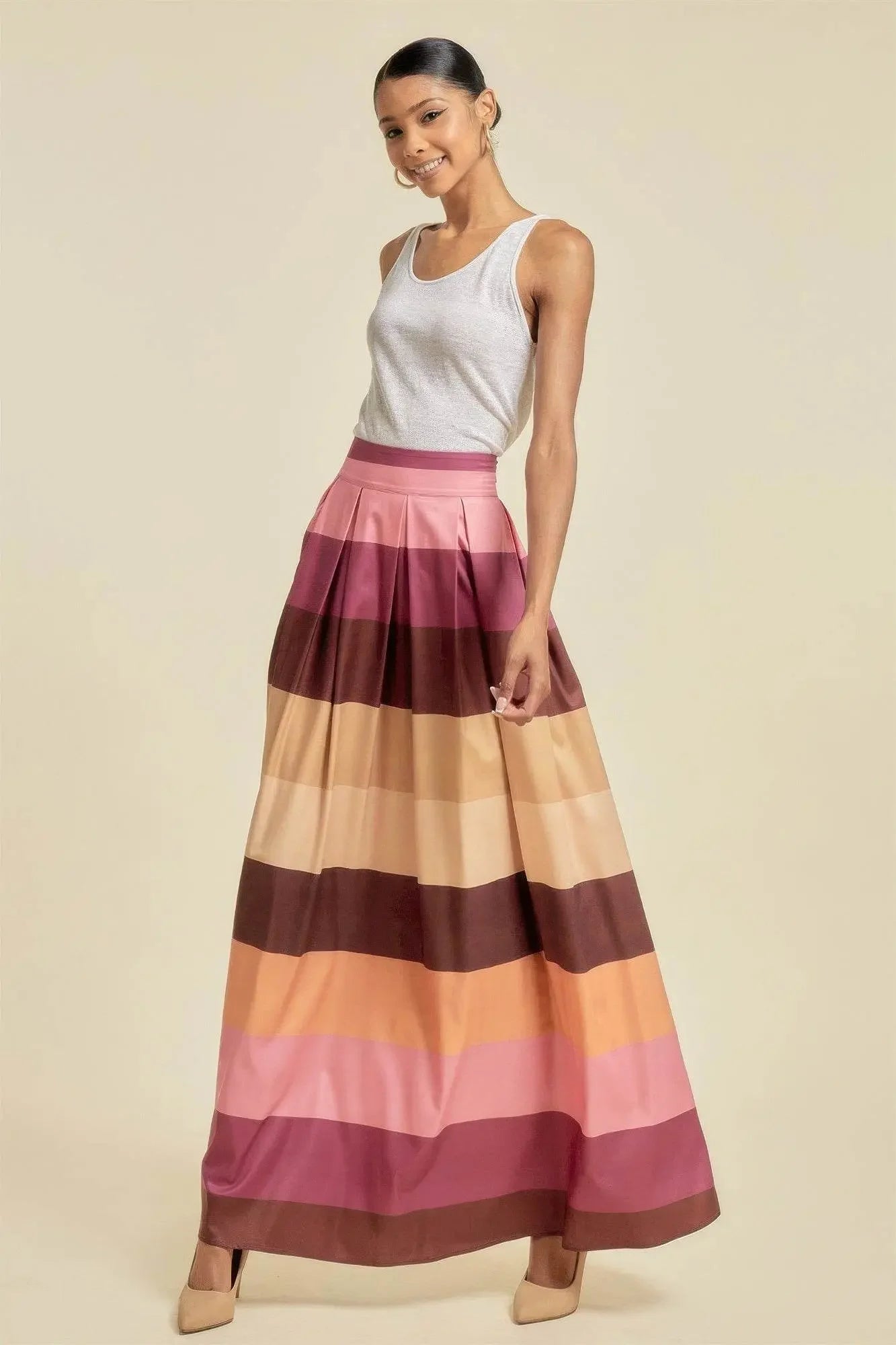Color Block Maxi Long Skirt With Pockets - IVORYNN