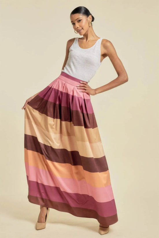 Color Block Maxi Long Skirt With Pockets - IVORYNN