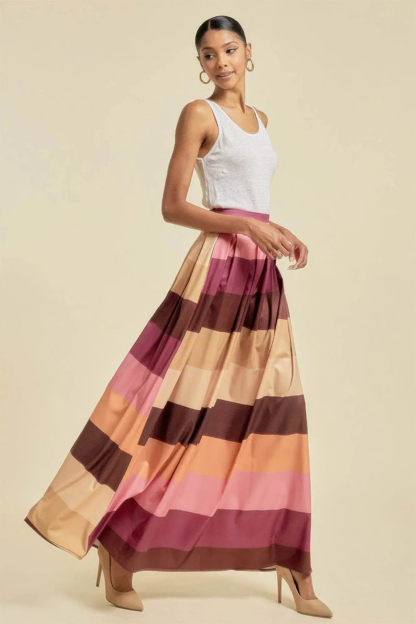 Color Block Maxi Long Skirt With Pockets - IVORYNN