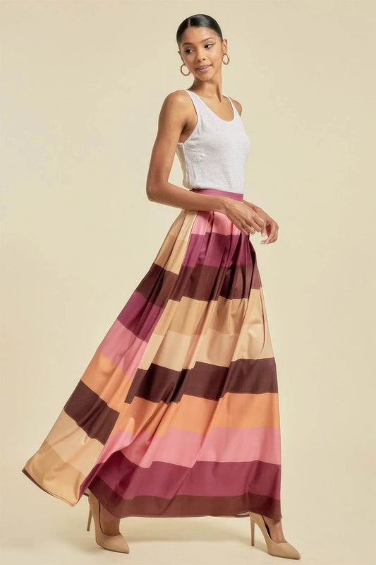 Color Block Maxi Long Skirt With Pockets