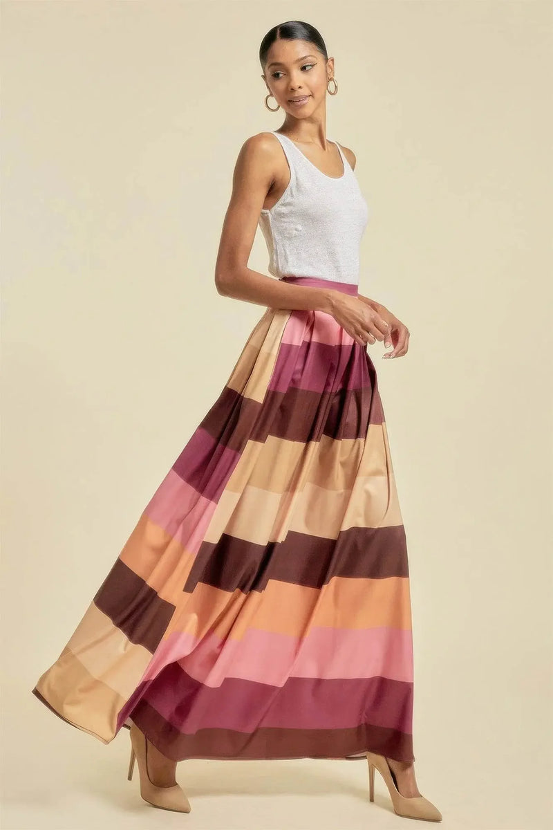 Color Block Maxi Long Skirt With Pockets - IVORYNN