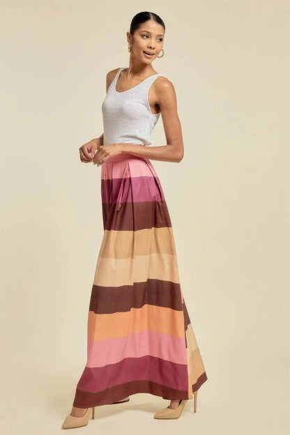 Color Block Maxi Long Skirt With Pockets - IVORYNN