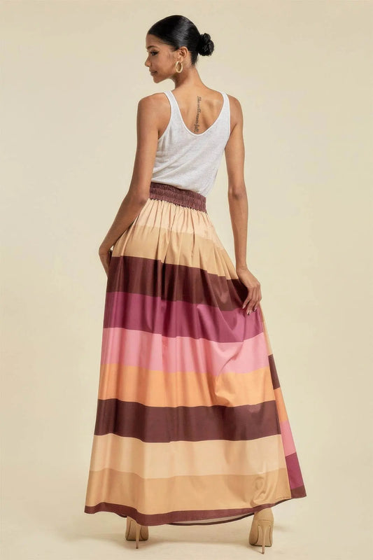 Color Block Maxi Long Skirt With Pockets