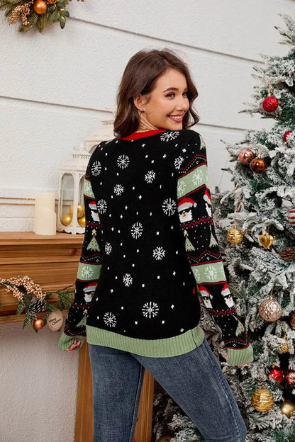 Contrast Christmas Pattern Round Neck Sweater - IVORYNN