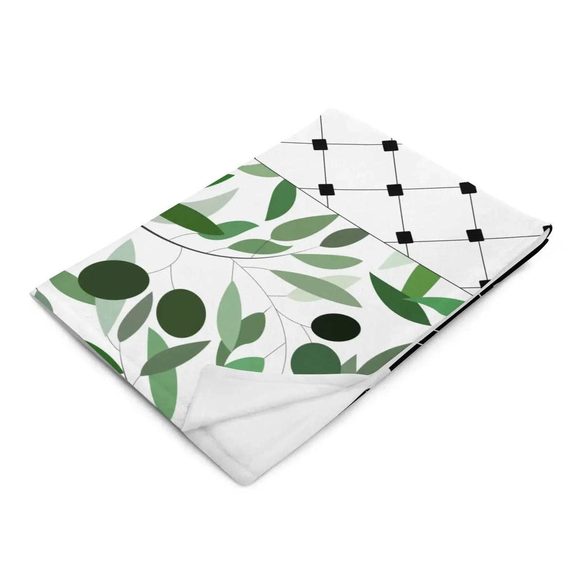 Ivorynn floral throw blanket with green leaves and black grid pattern on white background